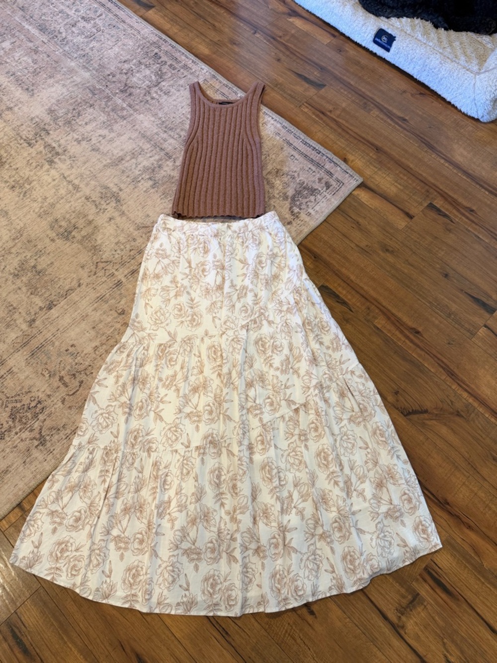 Sincerely Jules Cream Maxi Skirt with Warm Tan Floral Print & Sweater Tank